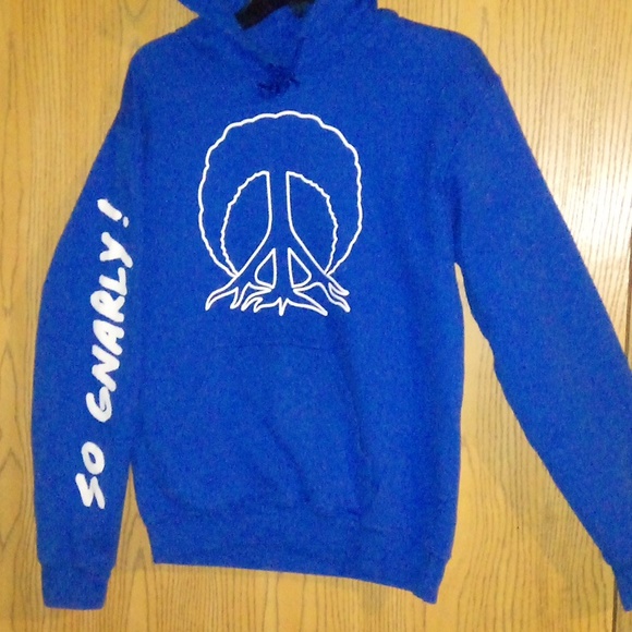 BLUE/WHITE (SO GNARLY! Arms) Tree Peace sign w/ roots long sleeve hoodie SIZE:S - Picture 2 of 4